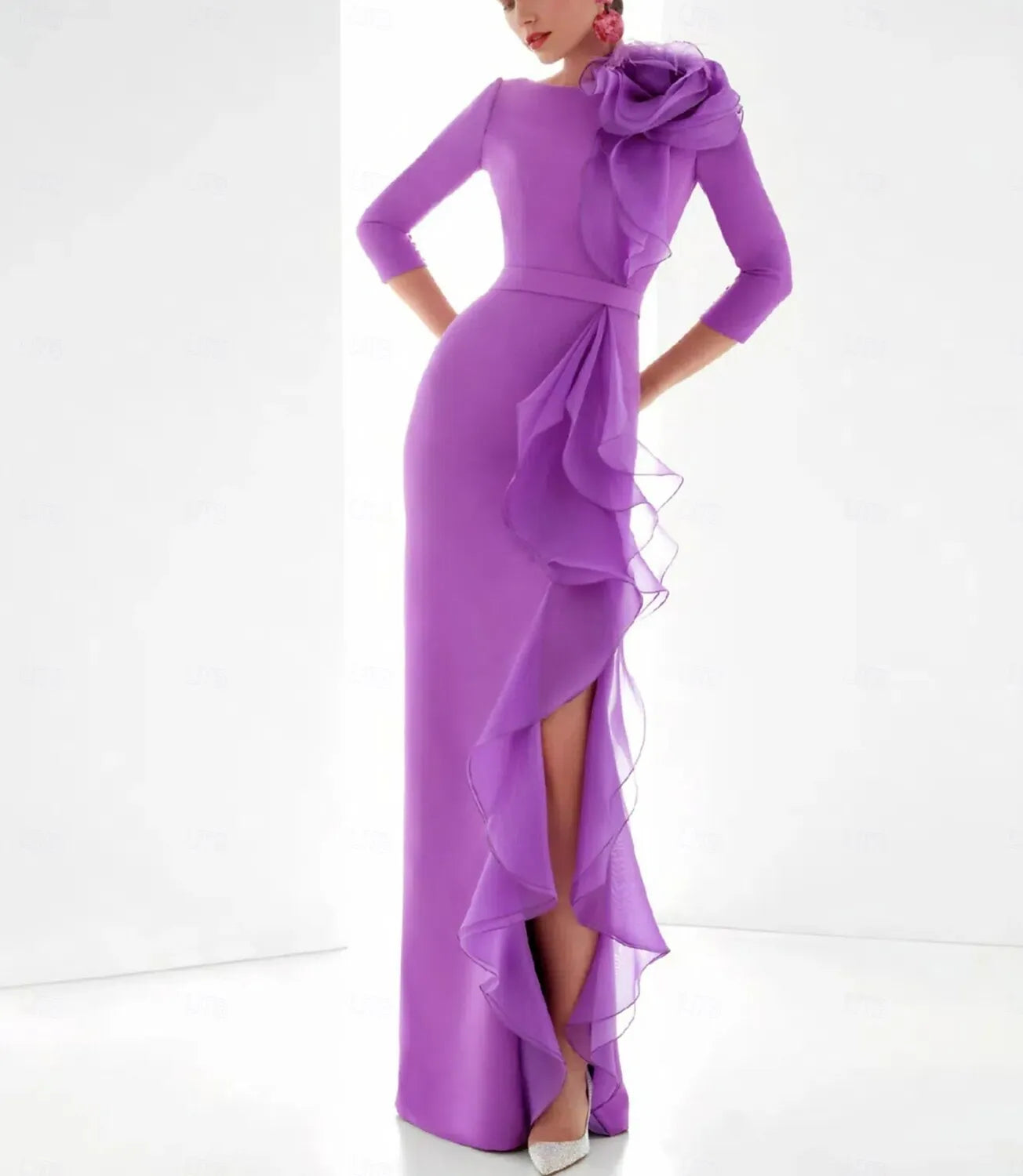 Vibrant Sheath Bateau-Neck 3/4 Sleeve Ruffled Violet Floor-Length Evening Dress For Women Ready To Ship