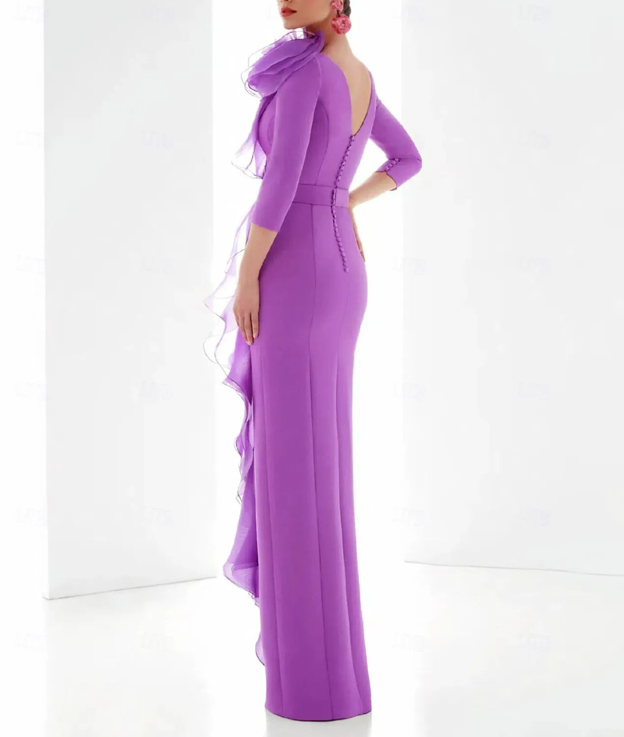 Vibrant Sheath Bateau-Neck 3/4 Sleeve Ruffled Violet Floor-Length Evening Dress For Women Ready To Ship