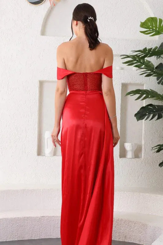 Vibrant Sheath Off-the-shoulder Short-sleeve Ruched Red Floor-length Evening Dress for Women Hot Sale