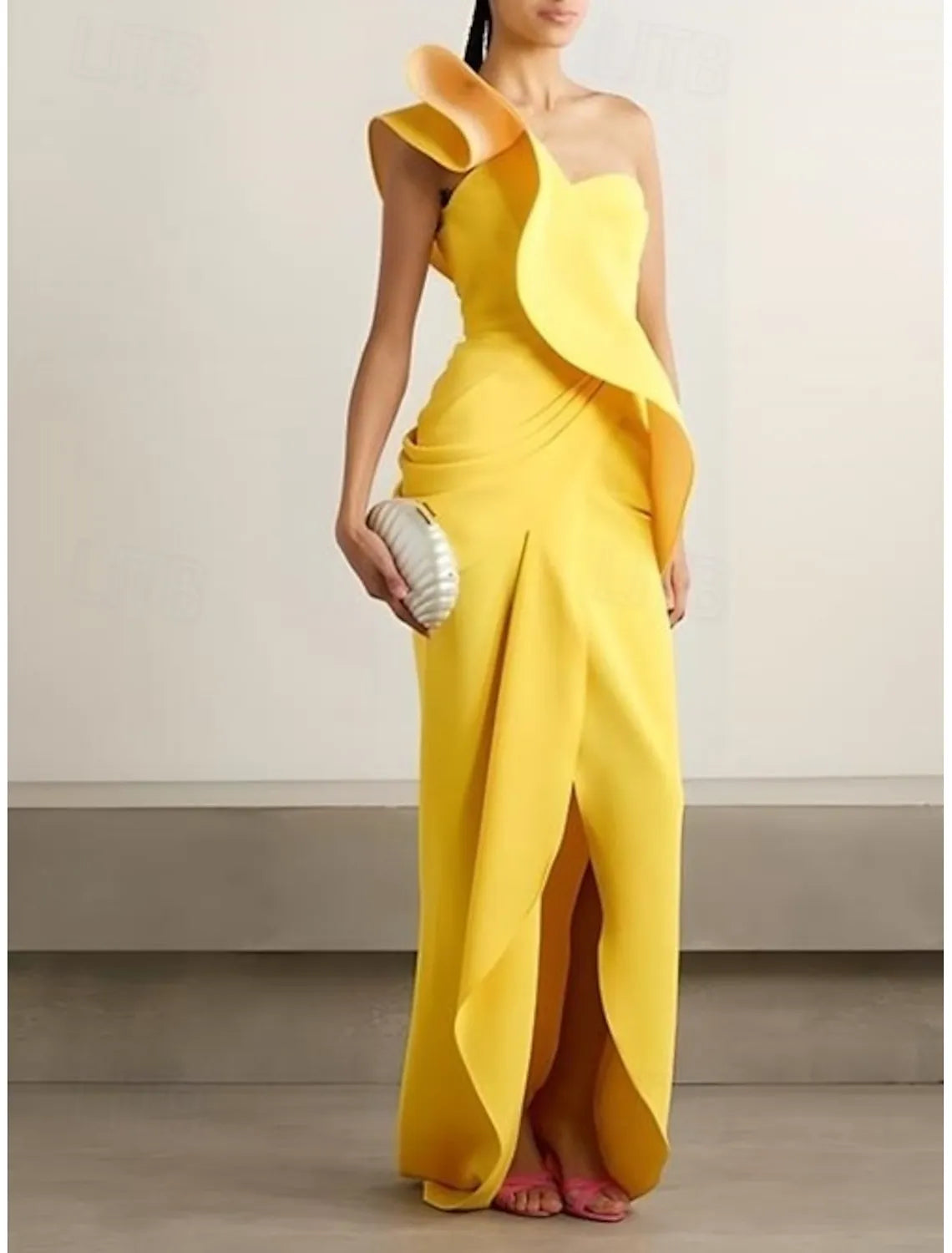 Vibrant Sheath One-Shoulder Ruffled Yellow Floor-Length Evening Dress For Women Ready To Ship