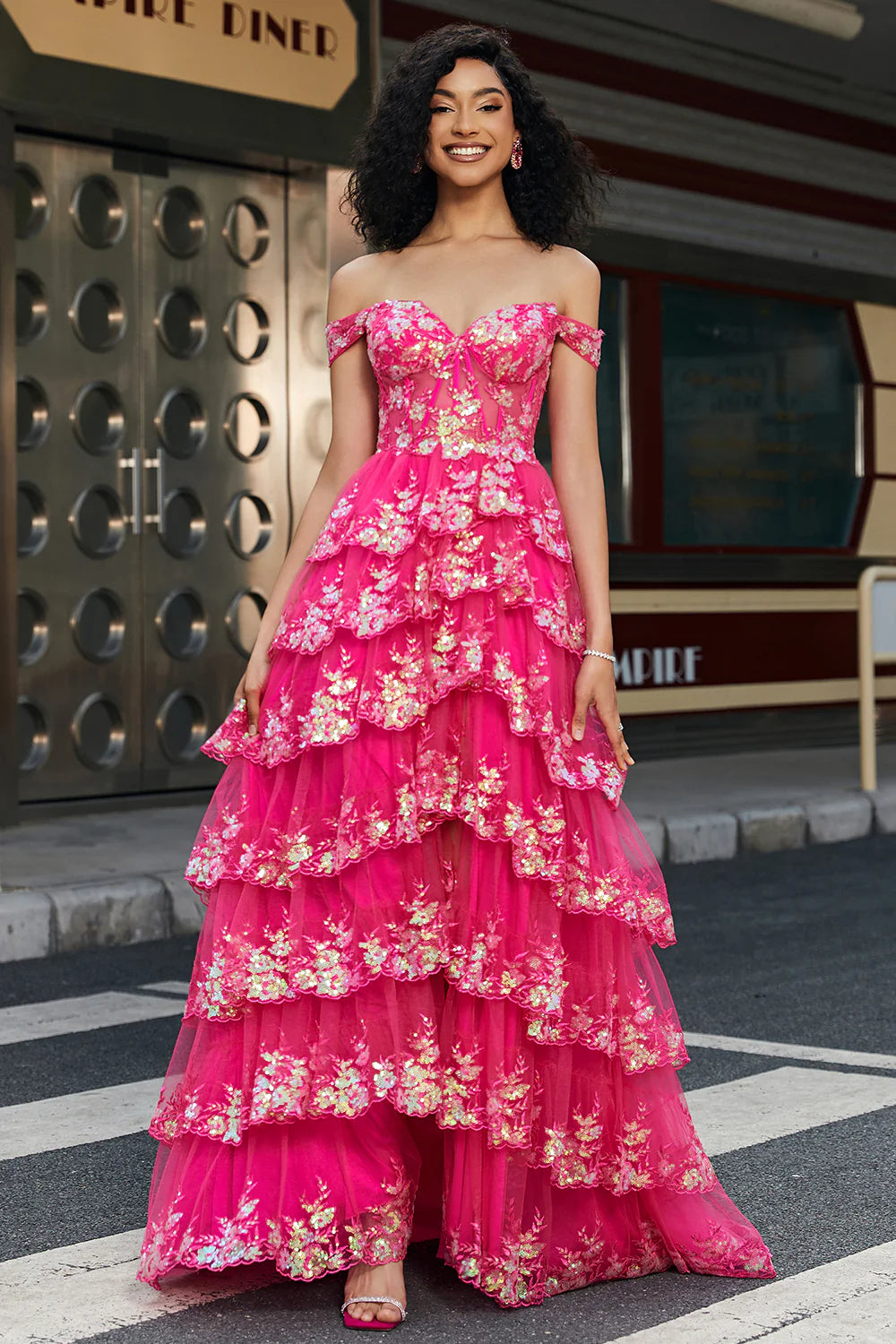 Vibrant Tiered Off-the-Shoulder Sequin Hot Pink Long Prom Dress