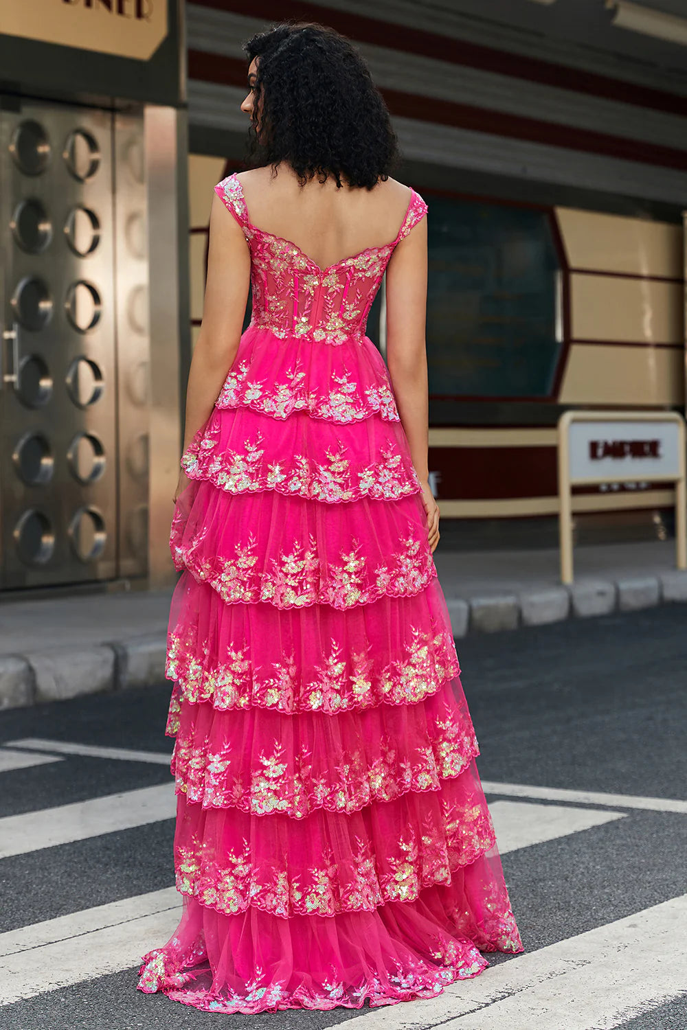 Vibrant Tiered Off-the-Shoulder Sequin Hot Pink Long Prom Dress