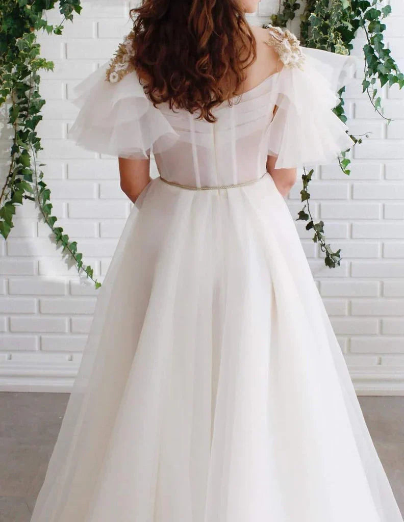 DingJiDress Prom Dresses Vintage A Line Chic Long White Short Sleeves Scoop Neck