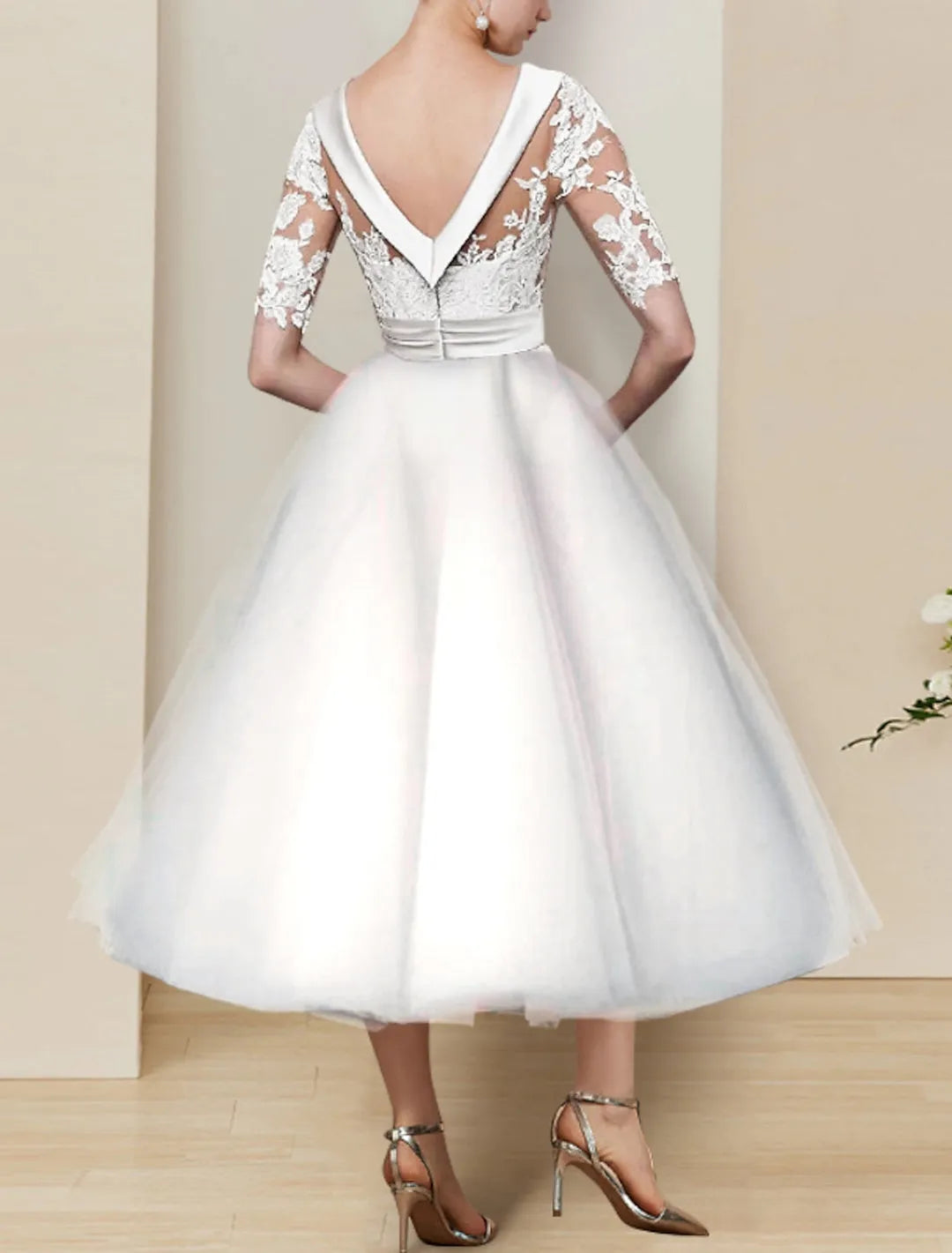 Vintage - Inspired Tea - Length Wedding Dress Sheer Neckline Lace Sleeves Tulle Ball Gown