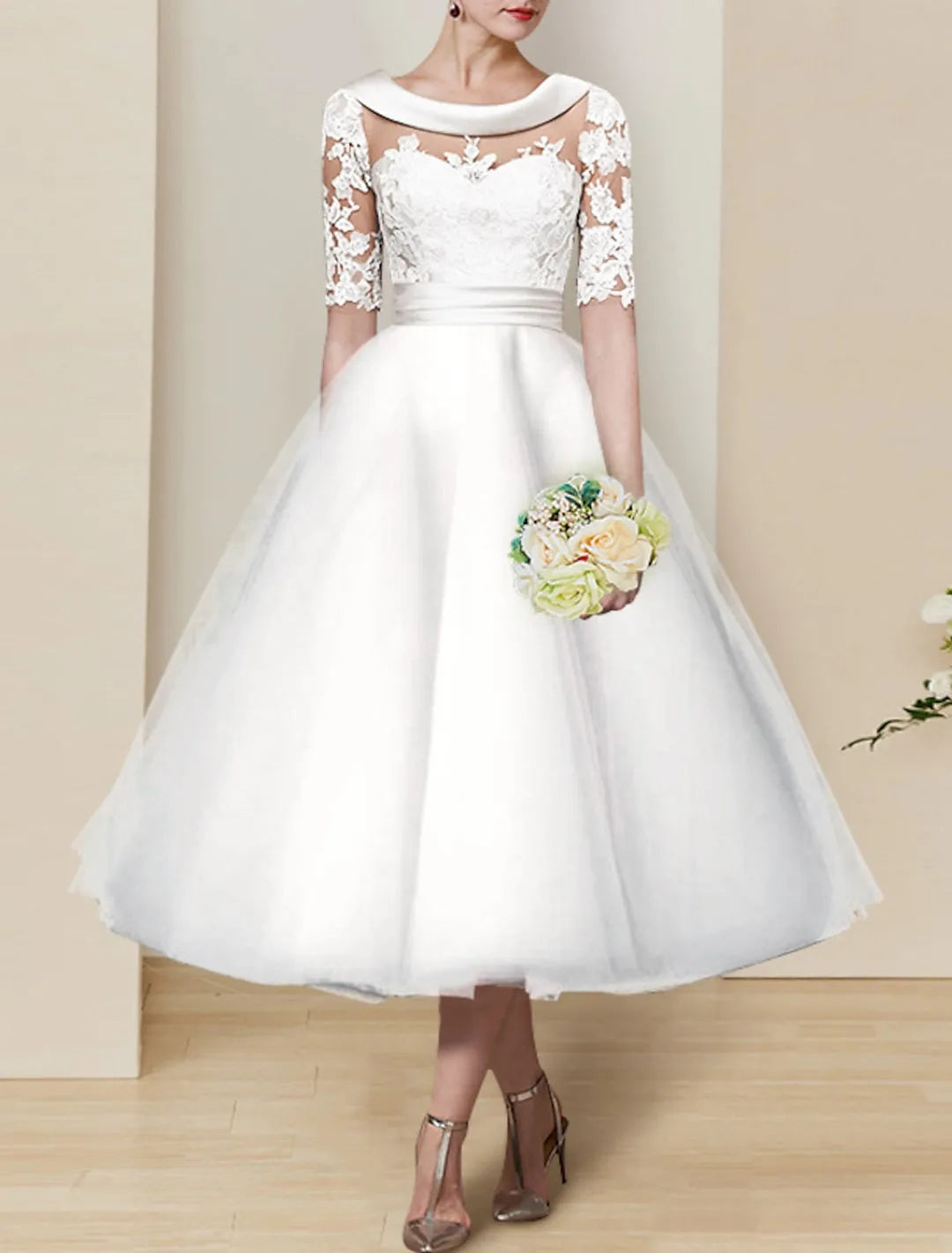 Vintage - Inspired Tea - Length Wedding Dress Sheer Neckline Lace Sleeves Tulle Ball Gown