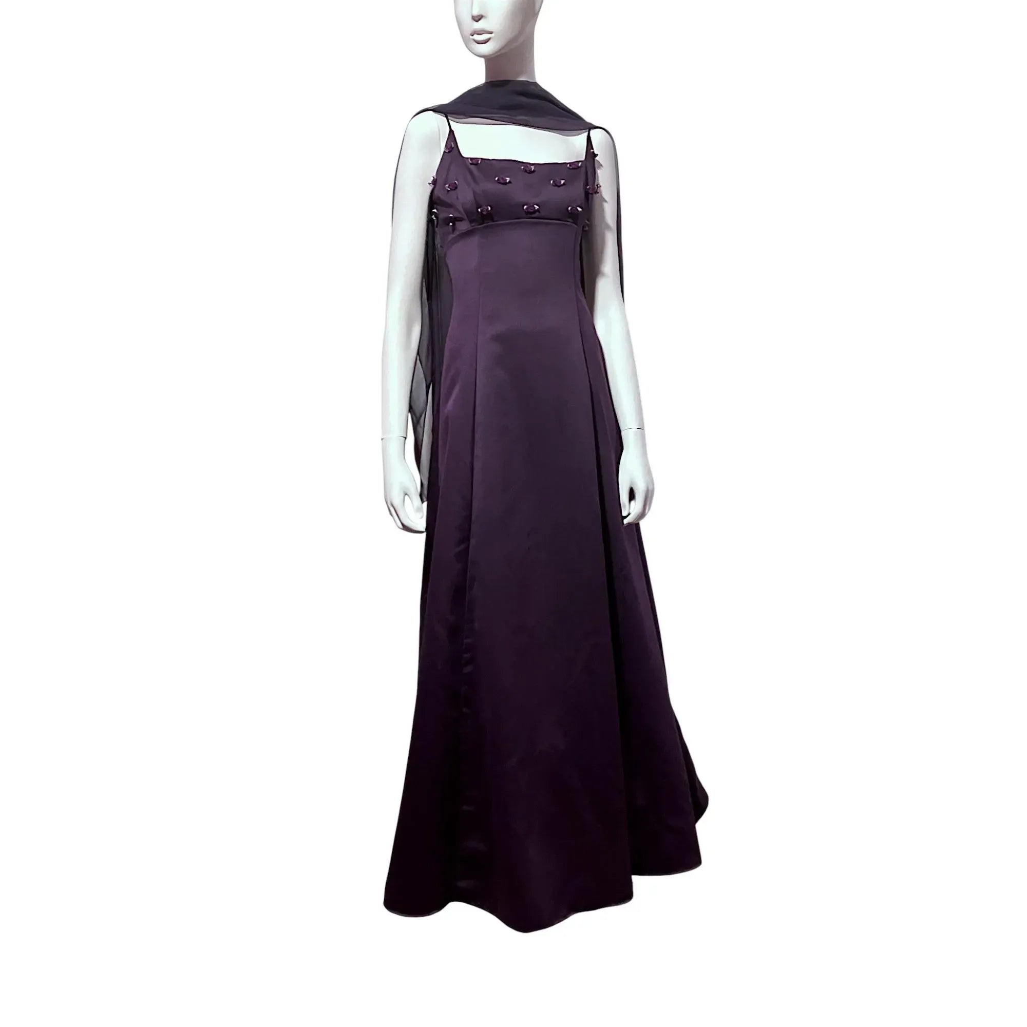 Vintage A-Line Spaghetti Strap Floral Appliques Satin Plum Prom Dress With Streamer
