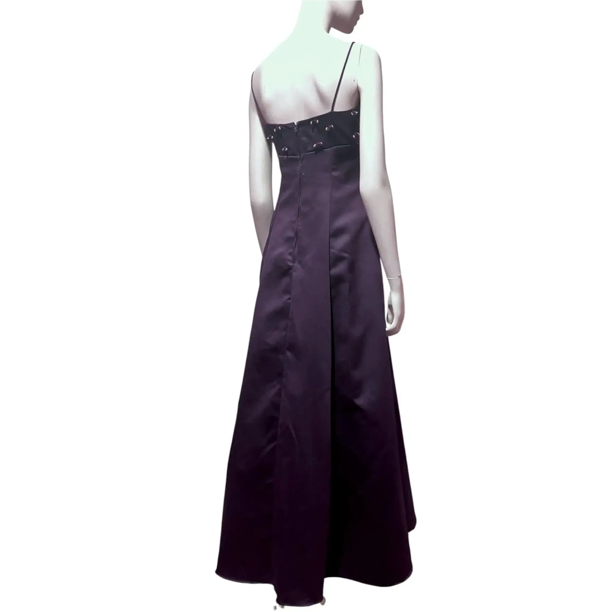 Vintage A-Line Spaghetti Strap Floral Appliques Satin Plum Prom Dress With Streamer