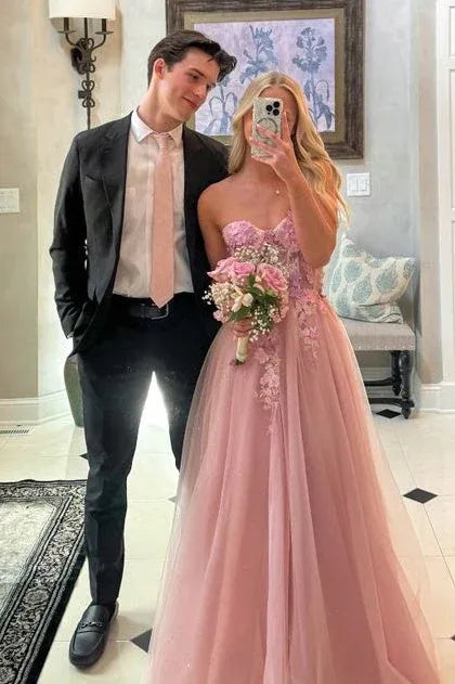 Vintage A Line Strapless Sweetheart Corset Appliques Pink Floor Length Prom Dress