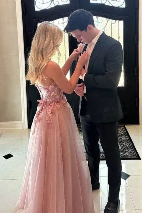 Vintage A Line Strapless Sweetheart Corset Appliques Pink Floor Length Prom Dress