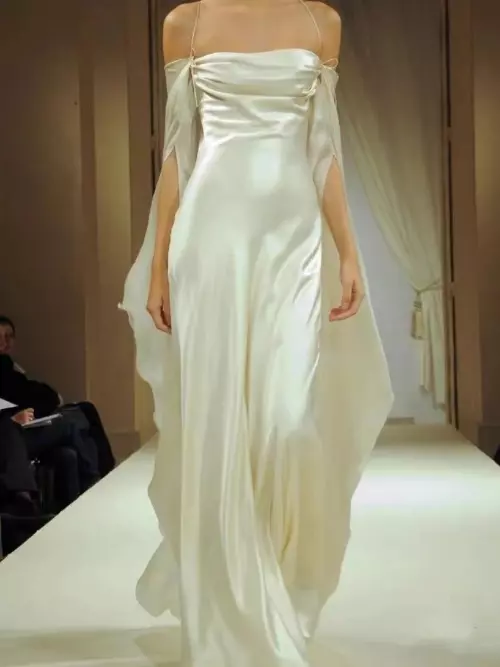 Vintage A line Strapless Long Sleeves White Silk Satin Backless Wedding Dresses