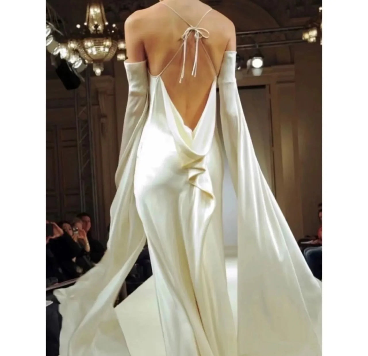 Vintage A line Strapless Long Sleeves White Silk Satin Backless Wedding Dresses