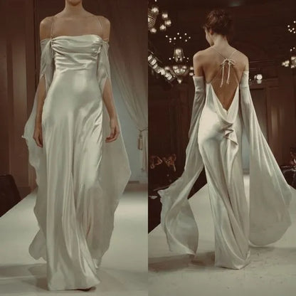 Vintage A line Strapless Long Sleeves White Silk Satin Backless Wedding Dresses