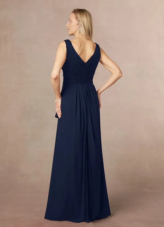 Vintage Dark Navy A-Line Pleated Chiffon Mother of the Bride Dress with One - Shoulder Draped Sleeve Boat Neckline and Flattering Mermaid Hem for Timeless Wedding Occasions