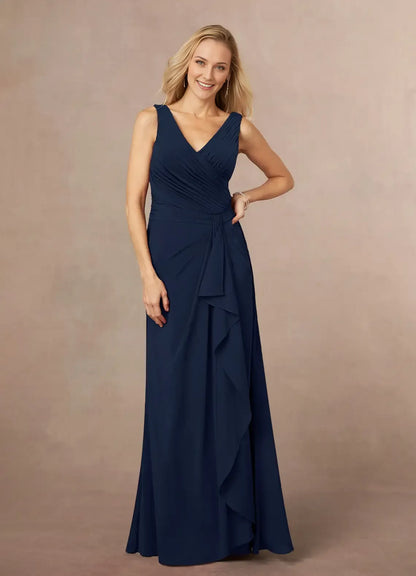Vintage Dark Navy A-Line Pleated Chiffon Mother of the Bride Dress with One - Shoulder Draped Sleeve Boat Neckline and Flattering Mermaid Hem for Timeless Wedding Occasions