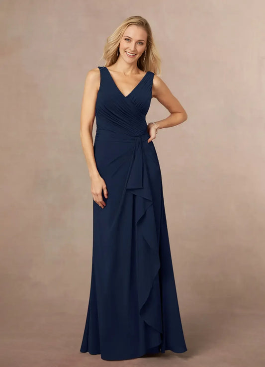Vintage Dark Navy A-Line Pleated Chiffon Mother of the Bride Dress with One - Shoulder Draped Sleeve Boat Neckline and Flattering Mermaid Hem for Timeless Wedding Occasions
