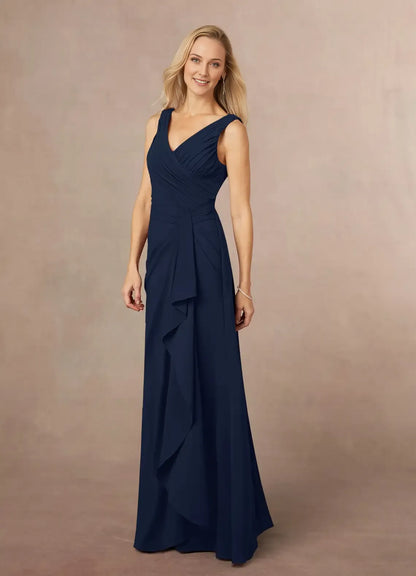 Vintage Dark Navy A-Line Pleated Chiffon Mother of the Bride Dress with One - Shoulder Draped Sleeve Boat Neckline and Flattering Mermaid Hem for Timeless Wedding Occasions