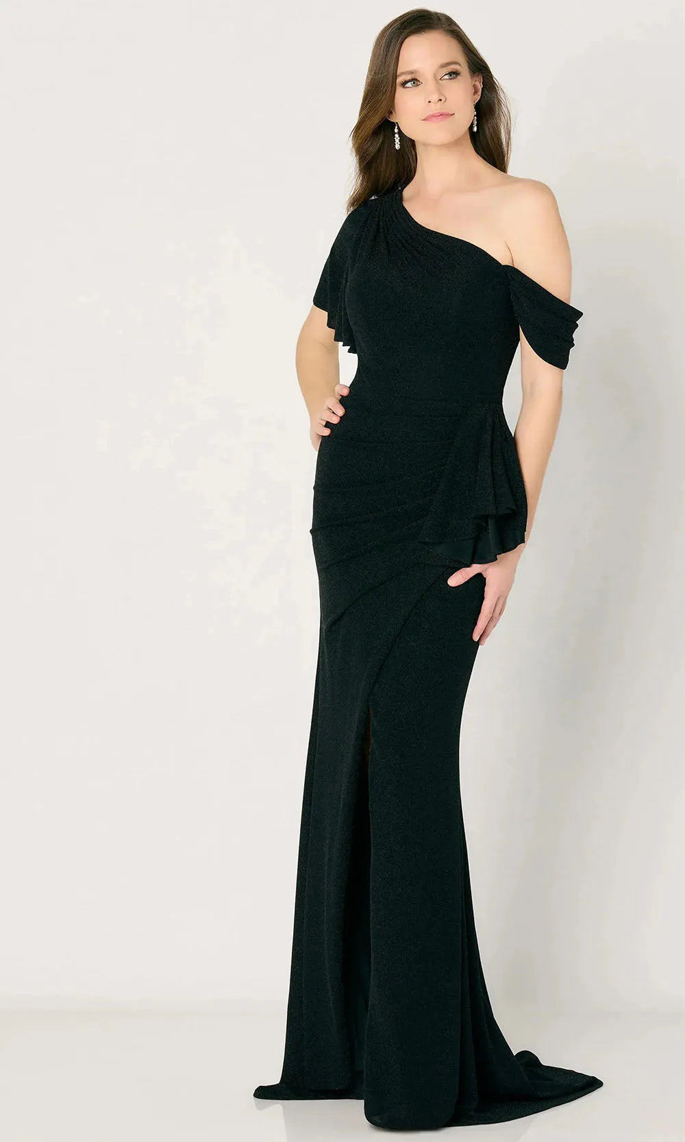 Vintage Glam One Shoulder Gold Evening Gown with Asymmetric Ruffles High Slit