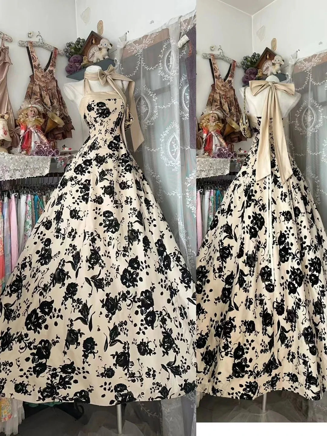 Vintage Halter Neck Sleeveless Floral Beige Maxi Prom Dress