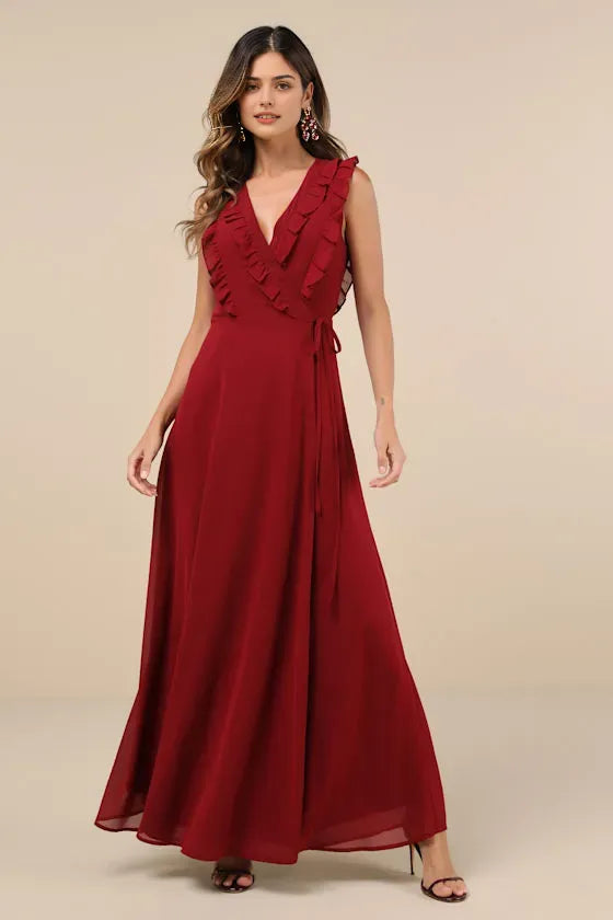 Vintage  Inspired Burgundy Chiffon Evening Gown with Ruffled V - Neck Tie -Waist Detail Maxi Skirt Timeless Charm for Retro Chic Events