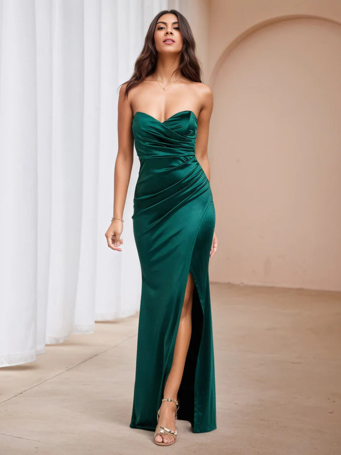 Vintage Inspired Forest Green Satin Strapless Gown Ruched Design  High Slit  Old - Hollywood Glamour for Special Occasions