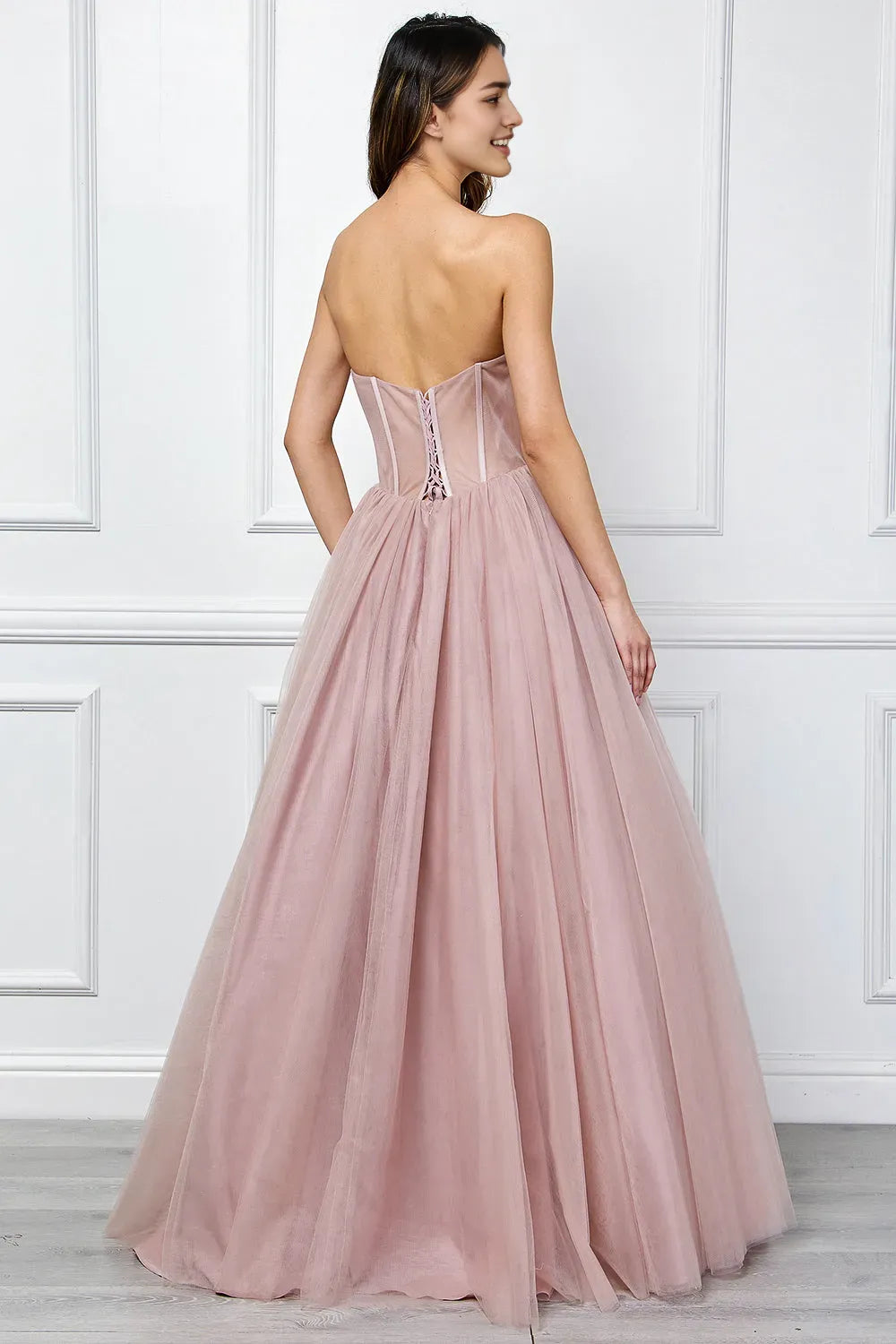Vintage Inspired Princess Prom Dresses Sheer Corset Top Flowy Tulle Skirt in Dusty Rose Perfect for European Proms