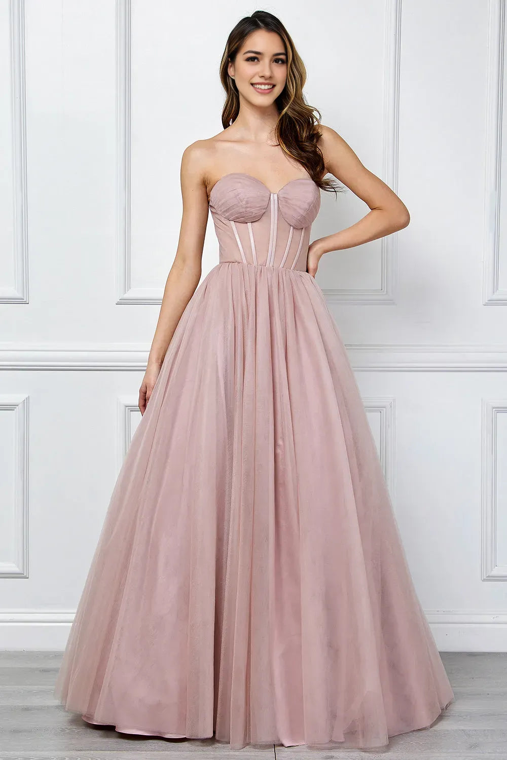 Vintage Inspired Princess Prom Dresses Sheer Corset Top Flowy Tulle Skirt in Dusty Rose Perfect for European Proms
