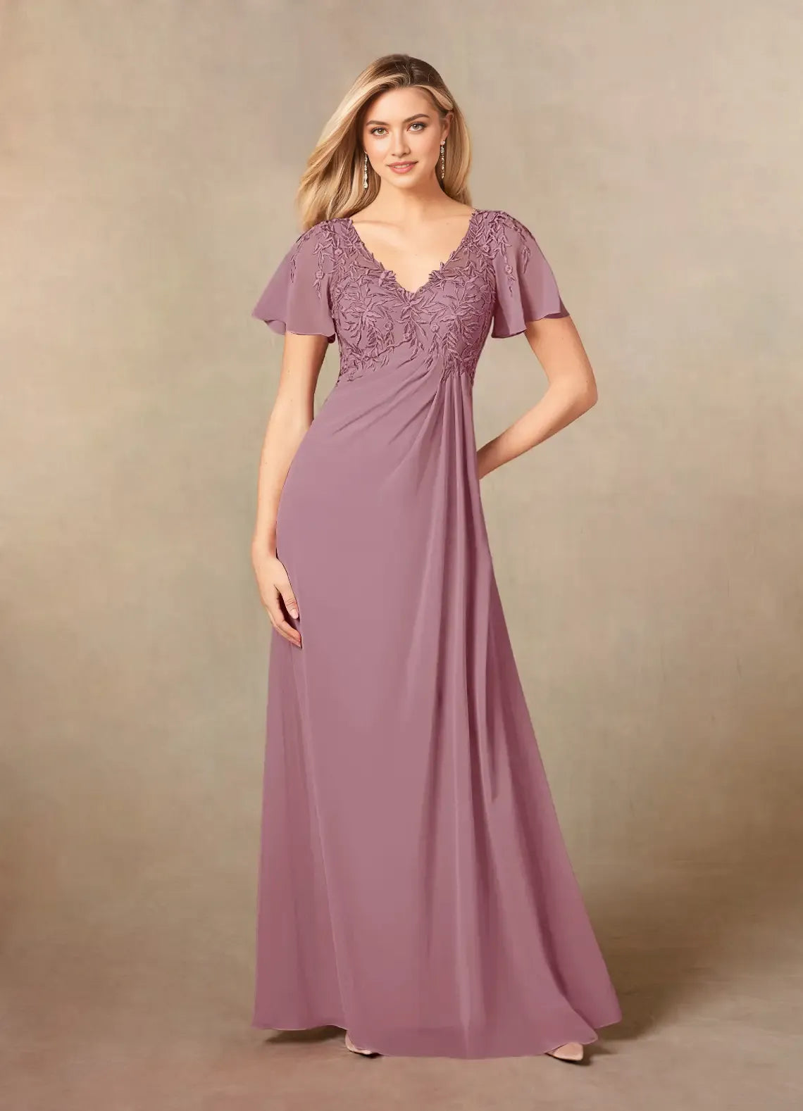 Vintage Mauve A-Line V-Neck Lace Chiffon Mother of the Bride Dress Flutter Short Sleeves Embroidered Lace Bodice  Hot Sale