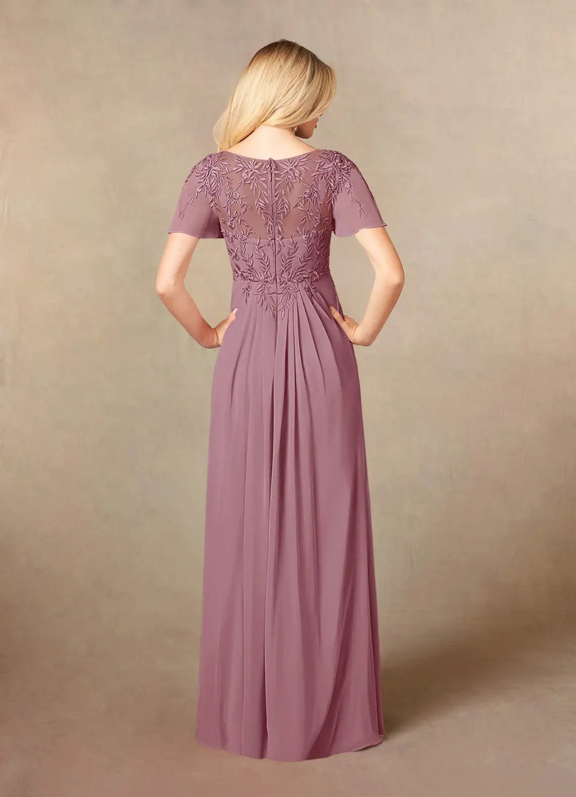 Vintage Mauve A-Line V-Neck Lace Chiffon Mother of the Bride Dress Flutter Short Sleeves Embroidered Lace Bodice  Hot Sale
