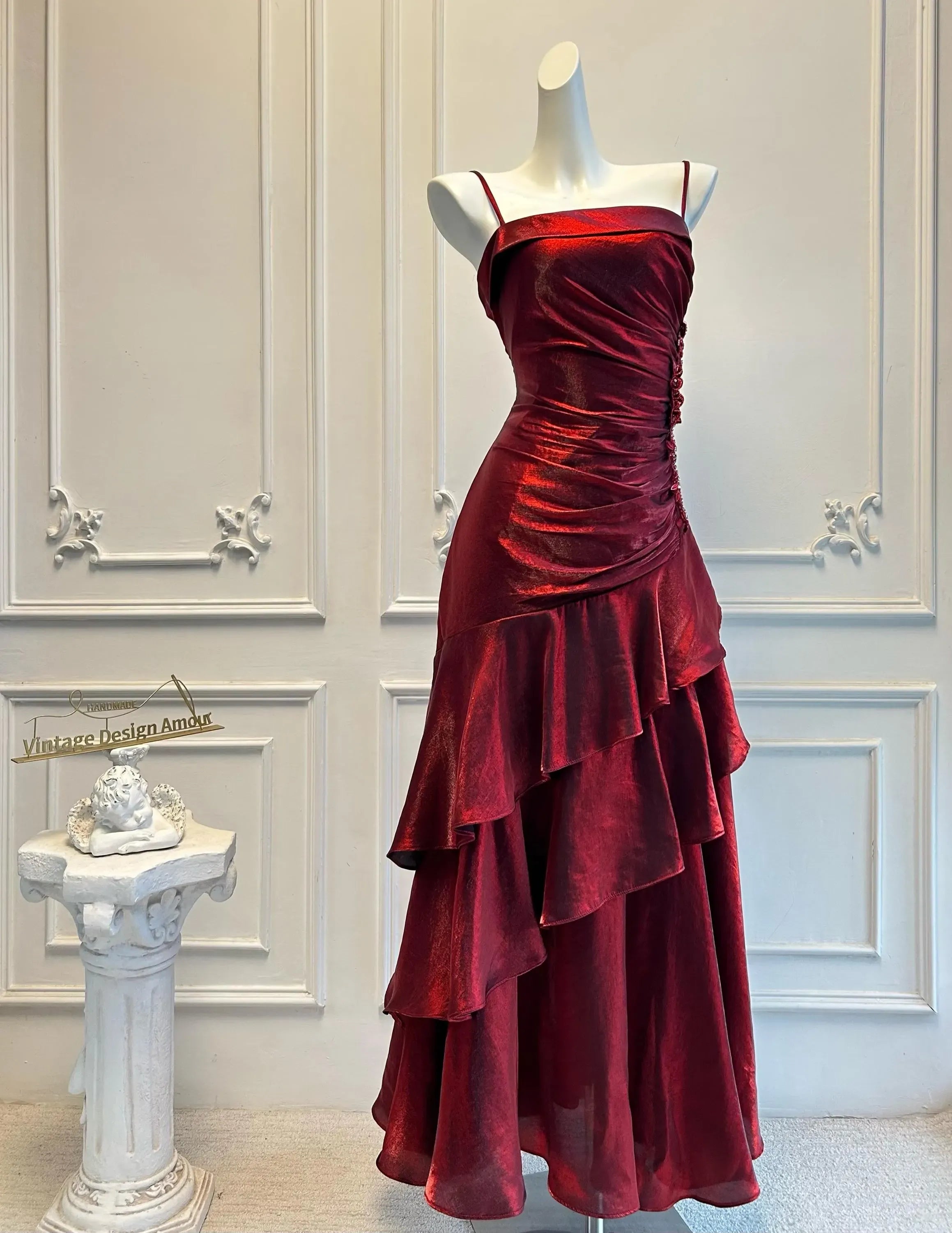 Vintage Mermaid Spaghetti Straps Ruffled Burgundy Tea-Length Prom Dress For Women Custom