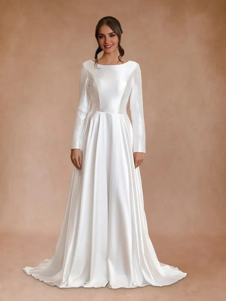 Vintage Satin A-Line Bateau Neckline Long Sleeves Bridal Gown Sweep-Train Wedding Dresses