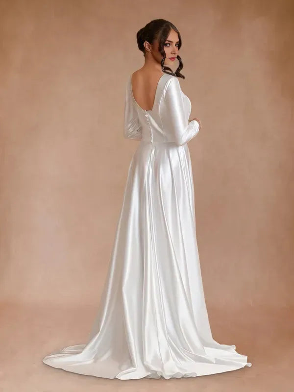 Vintage Satin A-Line Bateau Neckline Long Sleeves Bridal Gown Sweep-Train Wedding Dresses
