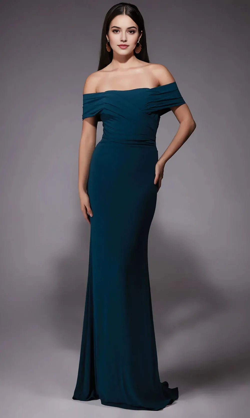 Vintage nspired Off Shoulder Navy Evening Dress with Draped Bodice Modern Mermaid Fit