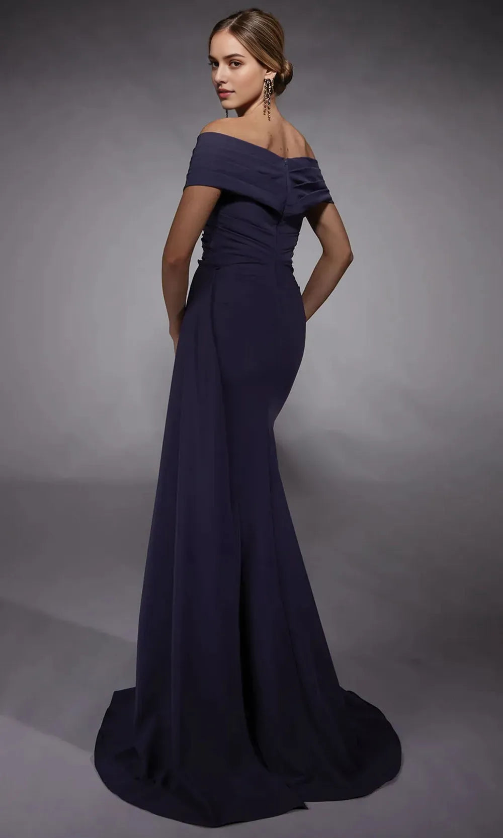 Vintage nspired Off Shoulder Navy Evening Dress with Draped Bodice Modern Mermaid Fit