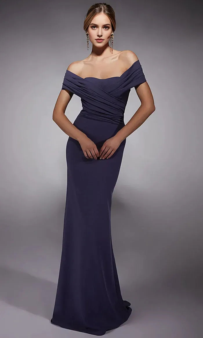 Vintage nspired Off Shoulder Navy Evening Dress with Draped Bodice Modern Mermaid Fit