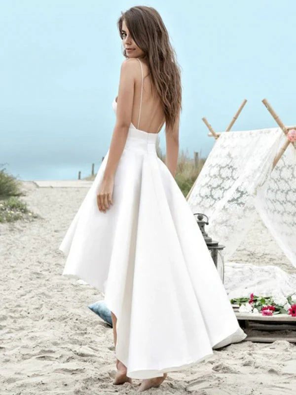 Bohemia Spaghetti Strap V Neck High Low Wedding Dresses
