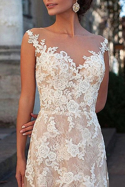 Wedding Dress Column Chic V-Neck Sleeveless Long Lace Tulle Sexy Backless Bridal Gown With Train