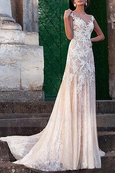 Wedding Dress Column Chic V-Neck Sleeveless Long Lace Tulle Sexy Backless Bridal Gown With Train