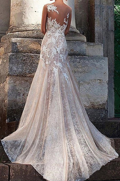 Wedding Dress Column Chic V-Neck Sleeveless Long Lace Tulle Sexy Backless Bridal Gown With Train