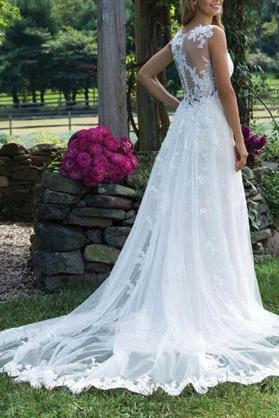 Wedding Dress Lace Chic V-Neck Sleeveless Column Long Bridal Gown With