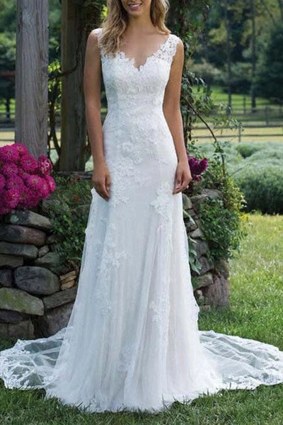 Wedding Dress Lace Chic V-Neck Sleeveless Column Long Bridal Gown With