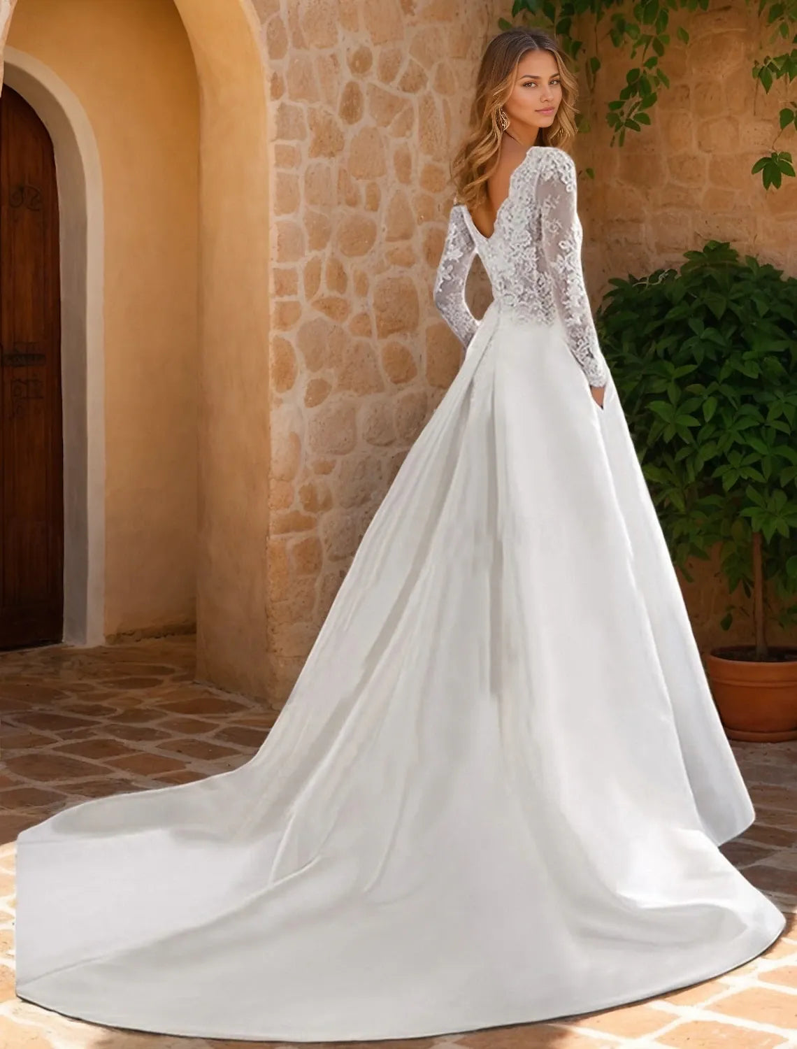 Wedding Dresses A-Line Boat Neck Long Sleeve Court Train Satin Bridal Gowns With Appliques