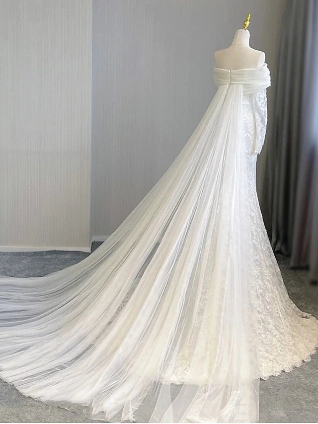 Wedding Dresses A-Line Notch lapel collar Long Sleeve Court Train Satin Bridal Gowns With Solid Color