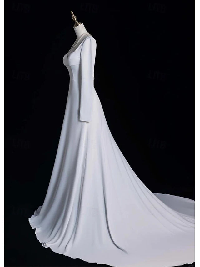 Wedding Dresses A-Line Notch lapel collar Long Sleeve Court Train Satin Bridal Gowns With Solid Color