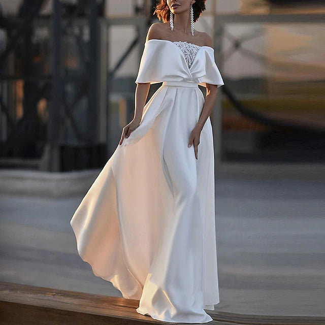 Wedding Dresses A-Line Off Shoulder Half Sleeve Sweep / Brush Train Satin Bridal Gowns With Beading