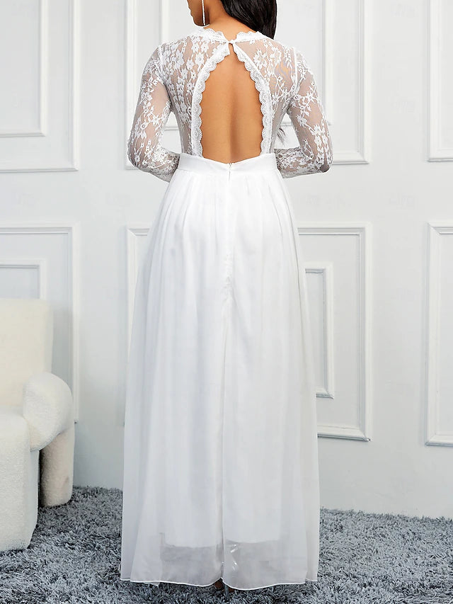 Wedding Dresses A-Line V Neck Long Sleeve Floor Length Chiffon Bridal Gowns With Appliques