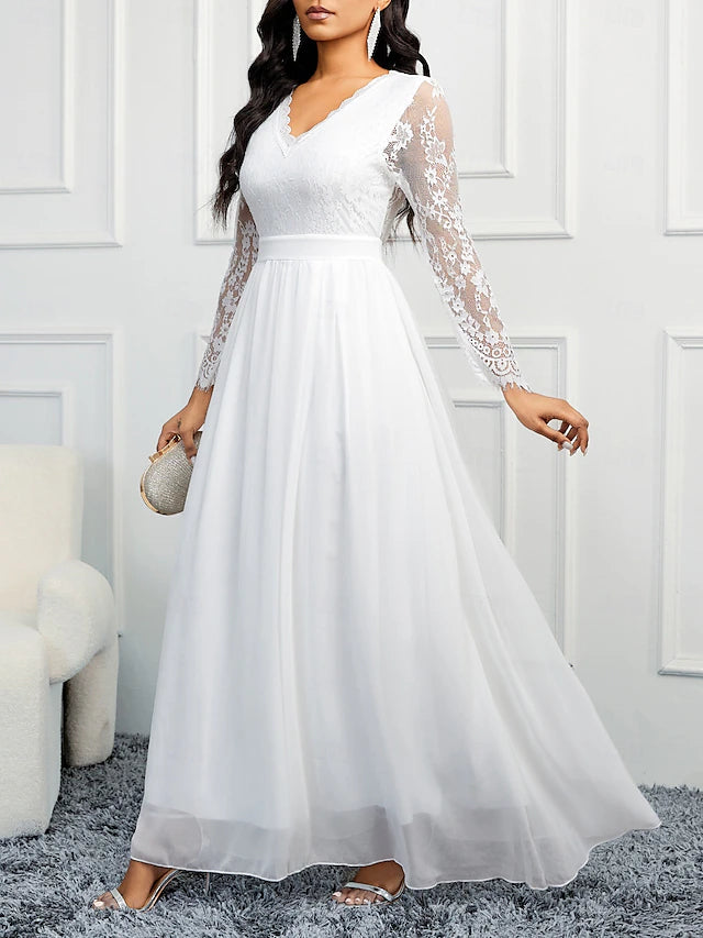 Wedding Dresses A-Line V Neck Long Sleeve Floor Length Chiffon Bridal Gowns With Appliques