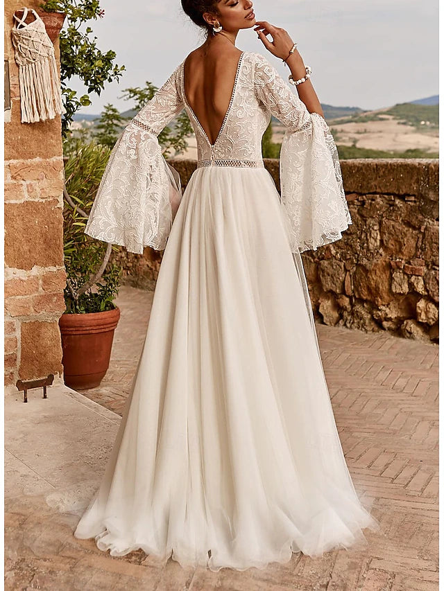 Wedding Dresses A-Line V Neck Long Sleeve Sweep / Brush Train Lace Bridal Gowns With Draping