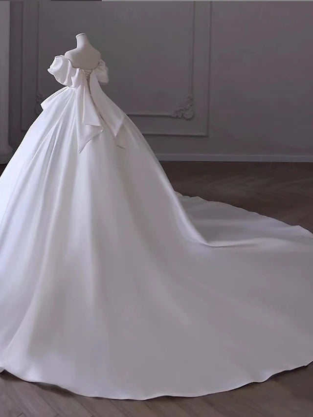 Wedding Dresses Ball Gown Off Shoulder Cap Sleeve Chapel Train Tulle Bridal Gowns With Pleats