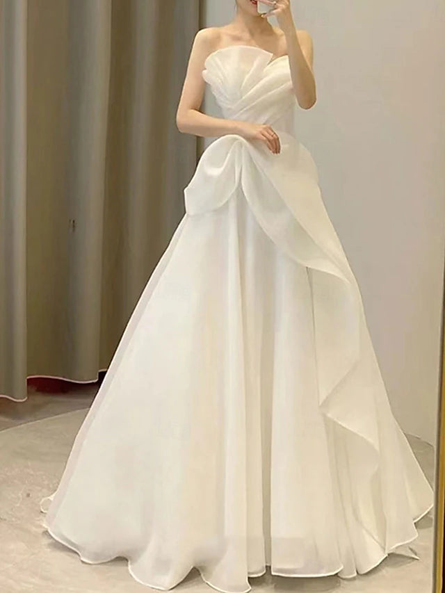 Wedding Dresses Ball Gown Off Shoulder Sleeveless Floor Length Tulle Bridal Gowns With Pleats Solid Color