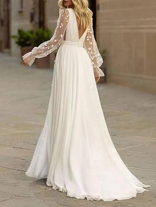Wedding Dresses Beach Wedding A-Line V Neck Long Sleeve Court Train Chiffon Bridal Suits Bridal Gowns With Ruched Draping